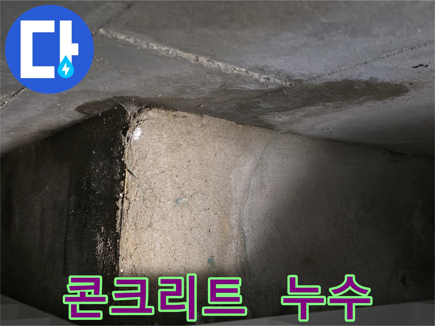 장기동 누수 - 콘크리트 천장에서 누수가 발생하는 모습