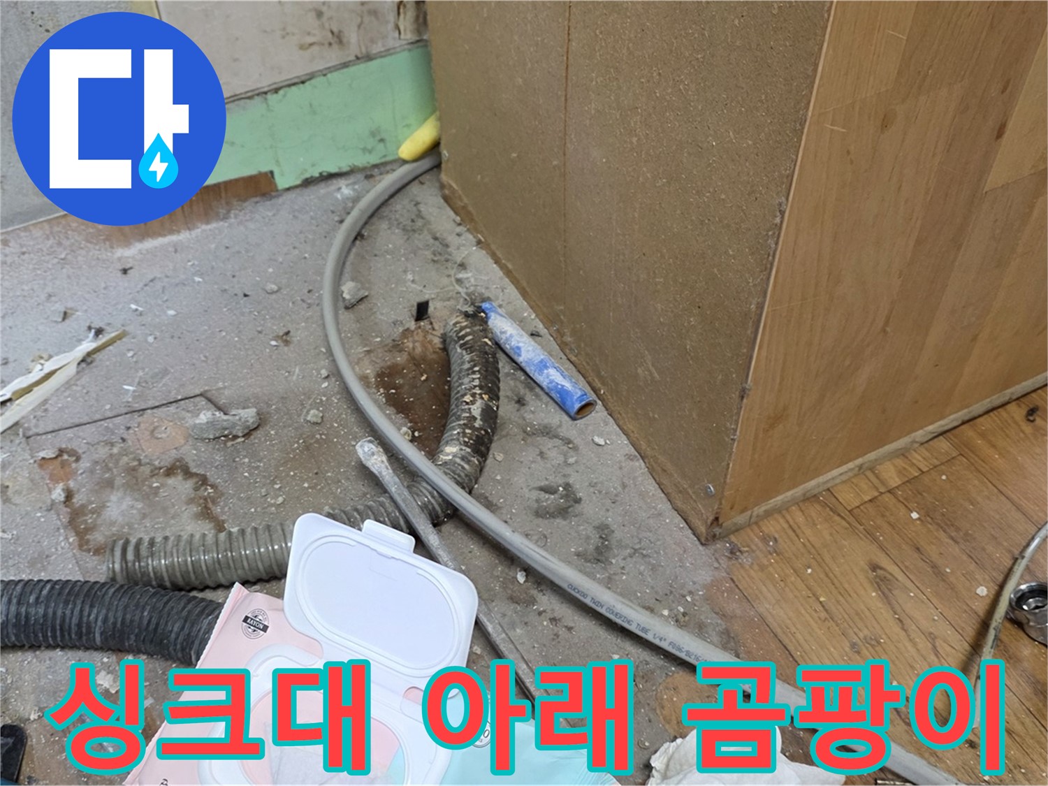 싱크대 아래 곰팡이 - 누수로 인해 곰팡이가 발생한 모습