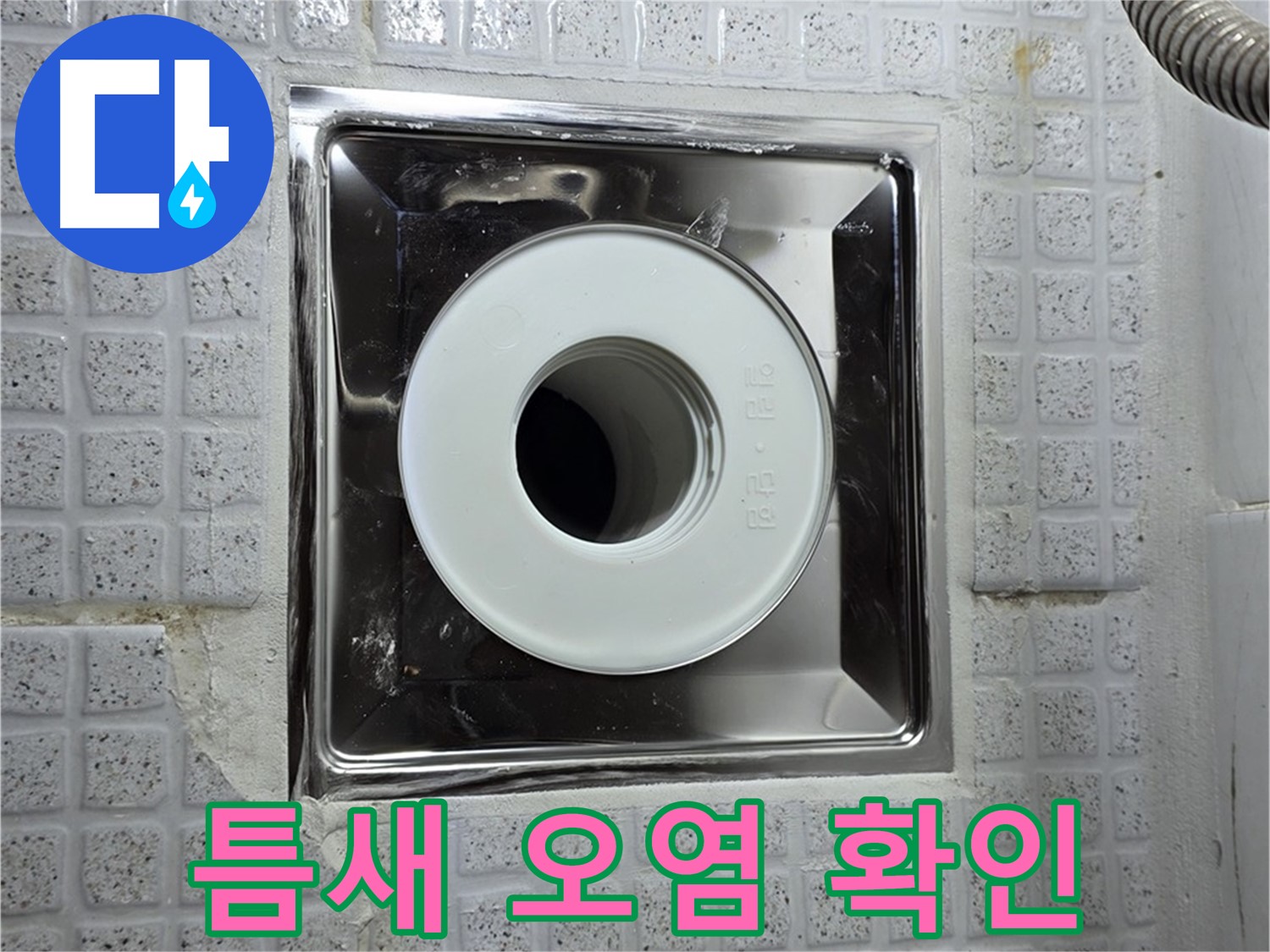 배수구 주변 타일 틈새 오염 상태를 확인하여 누수 초기 증상 여부를 점검하는 모습 - 세심한 관찰이 필요합니다.