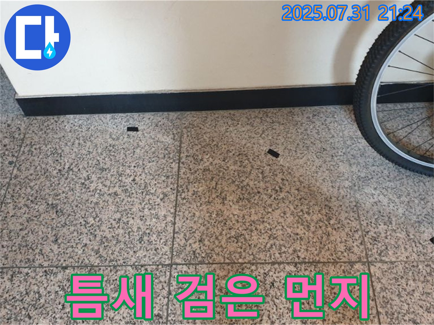 고양시 덕양구 동산동 누수 현장 - 타일 틈새의 검은 먼지는 습기 누적 및 곰팡이 발생 가능성을 시사합니다.