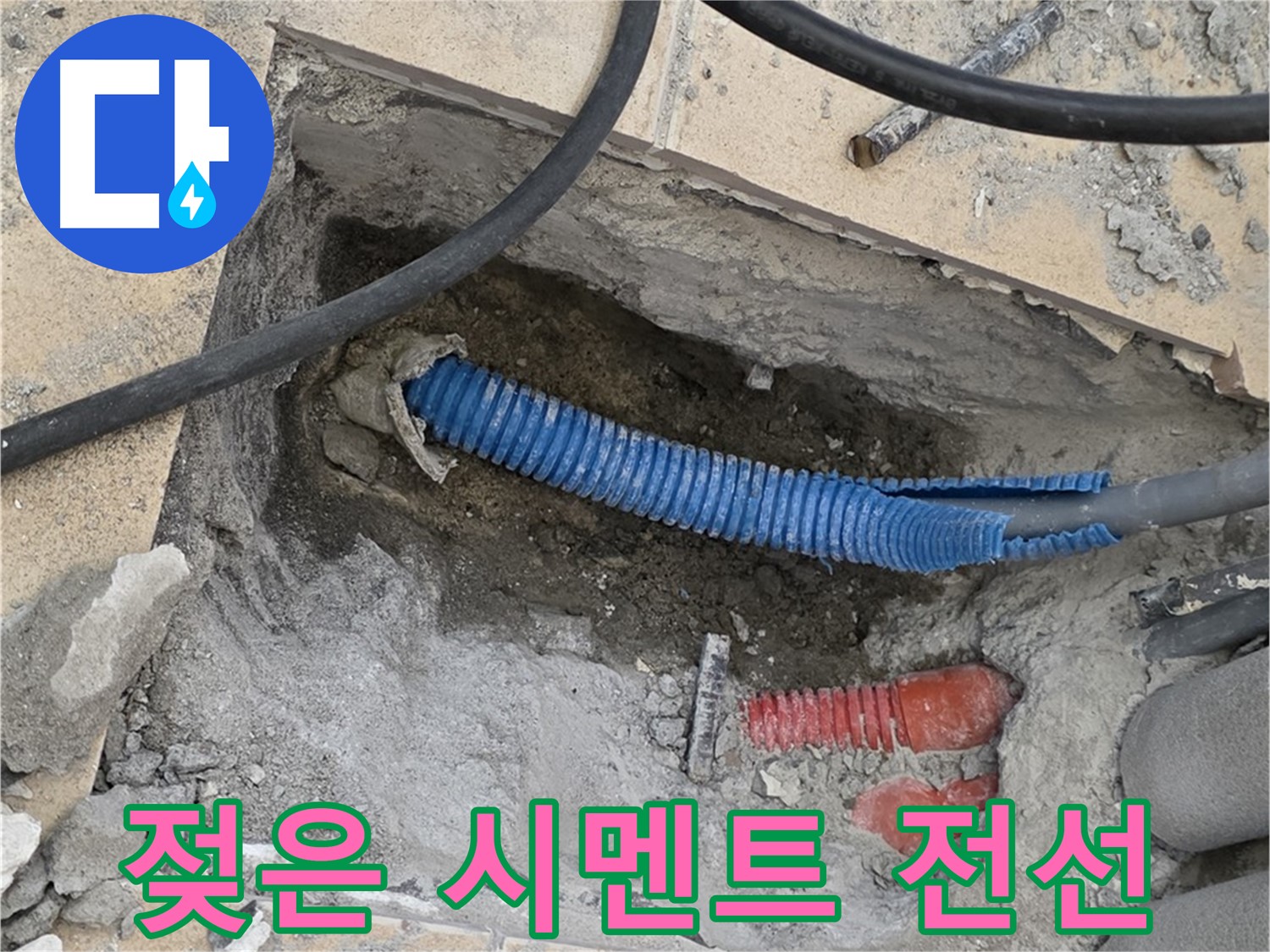양주 삼숭동 자이아파트 누수 - 젖은 시멘트 바닥과 꼬불거리는 전선관