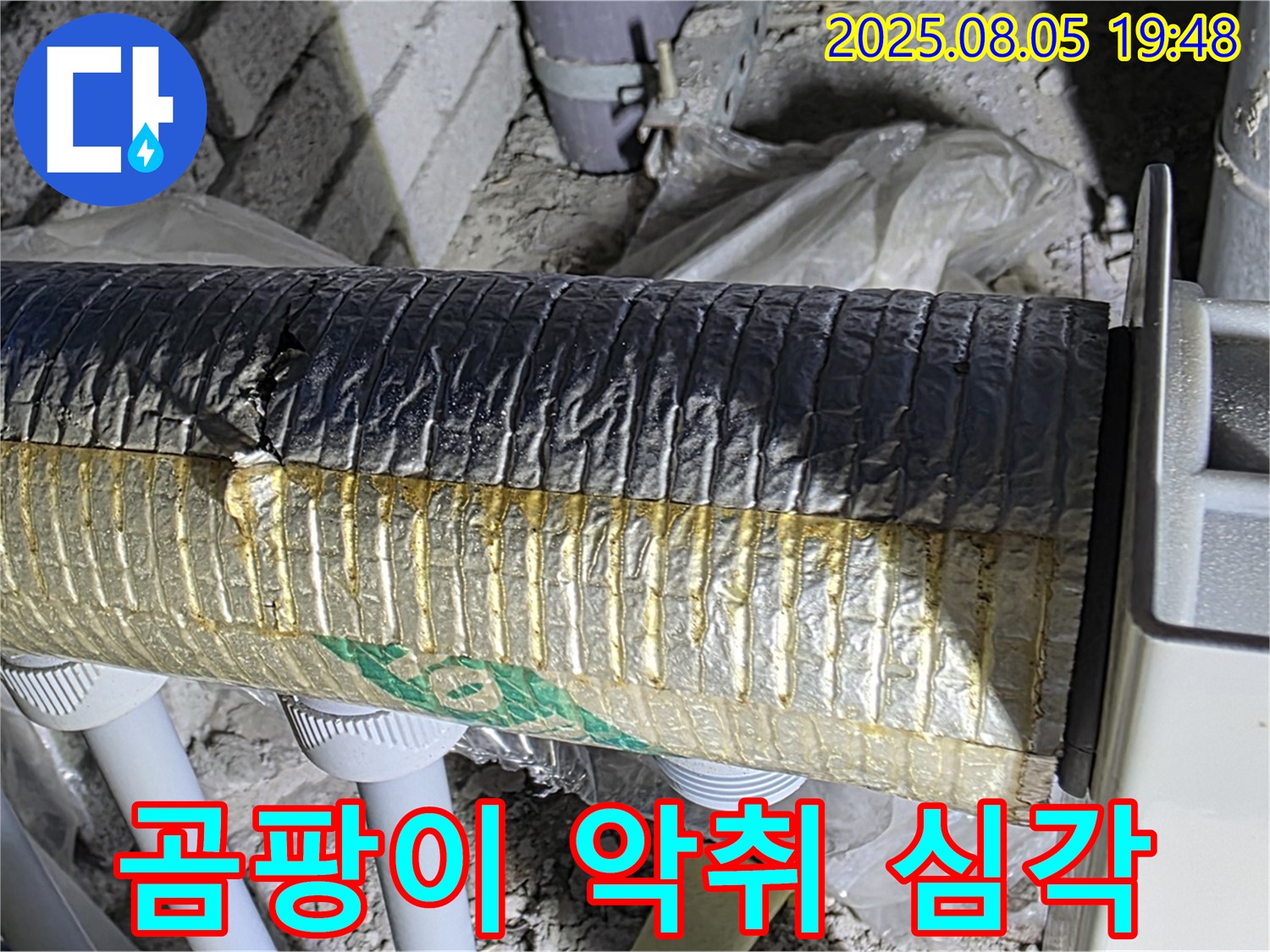 양주 자이아파트 누수 - 삼숭동 배관 보온재 겉면 곰팡이 및 악취가 매우 심각한 상태