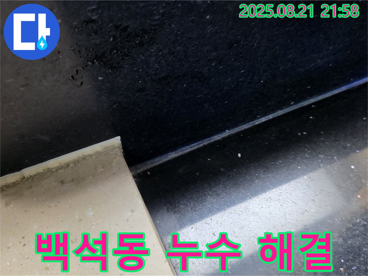 일산 백석동 누수 현장 - 젖은 타일과 곰팡이 흔적을 통해 누수 위치를 파악하고 문제 해결을 위한 준비를 하는 모습