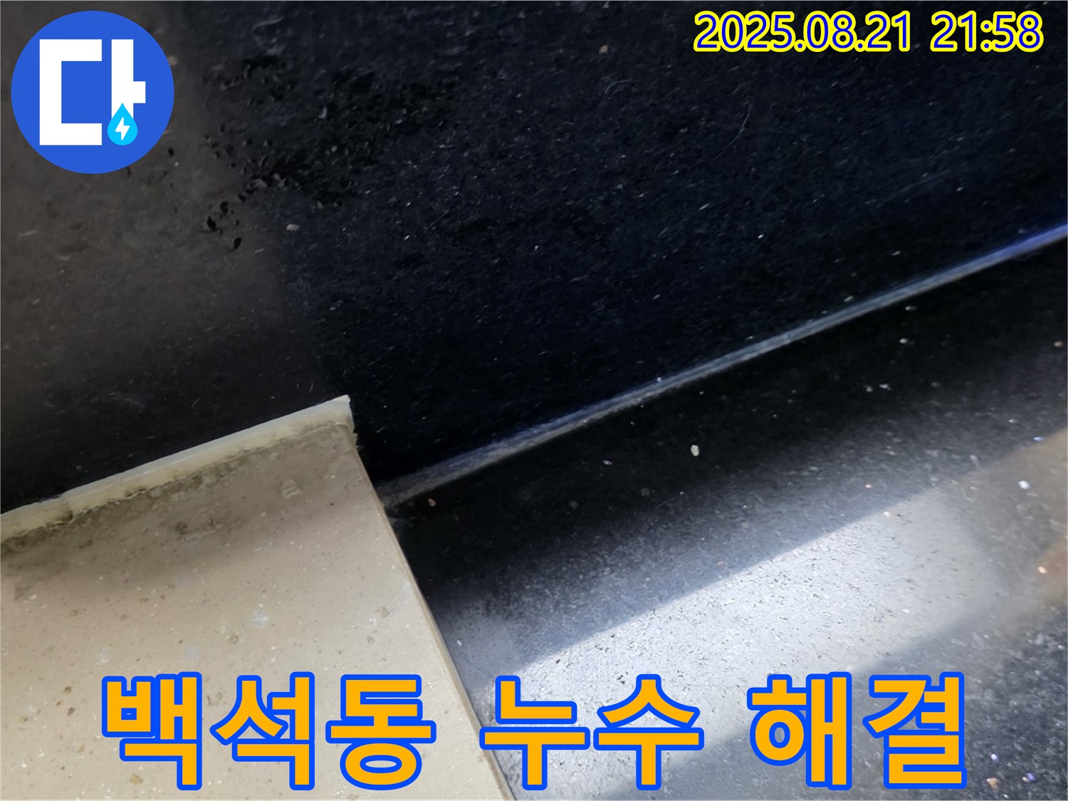 일산 백석동 누수 현장 - 젖은 타일과 곰팡이 흔적을 통해 누수 위치를 파악하고 문제 해결을 위한 준비를 하는 모습