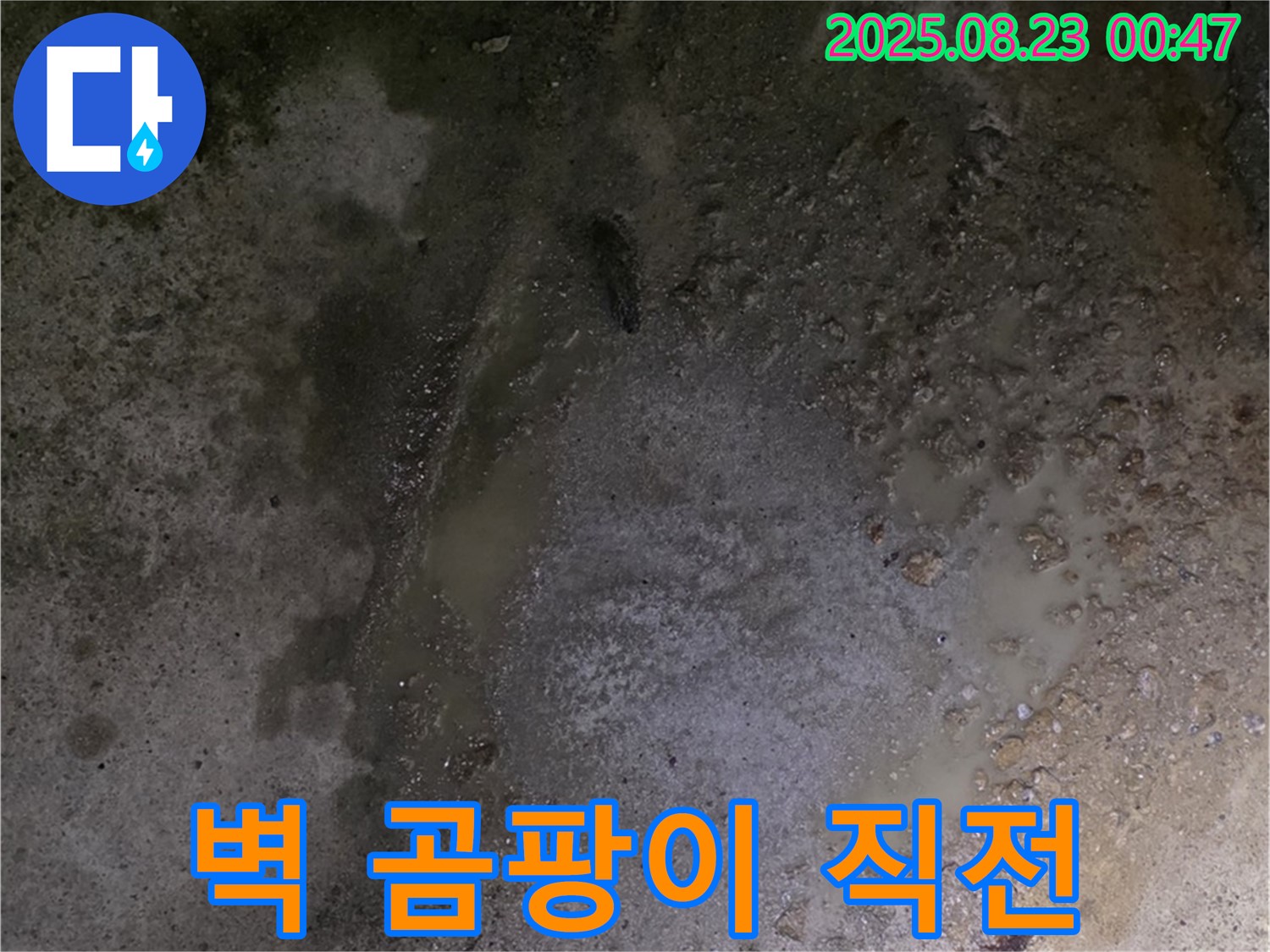 철원군 서면 와수리 누수 현장 - 콘크리트 바닥 습기로 인해 벽에 곰팡이가 발생하기 직전입니다 - 습도 관리가 중요합니다.