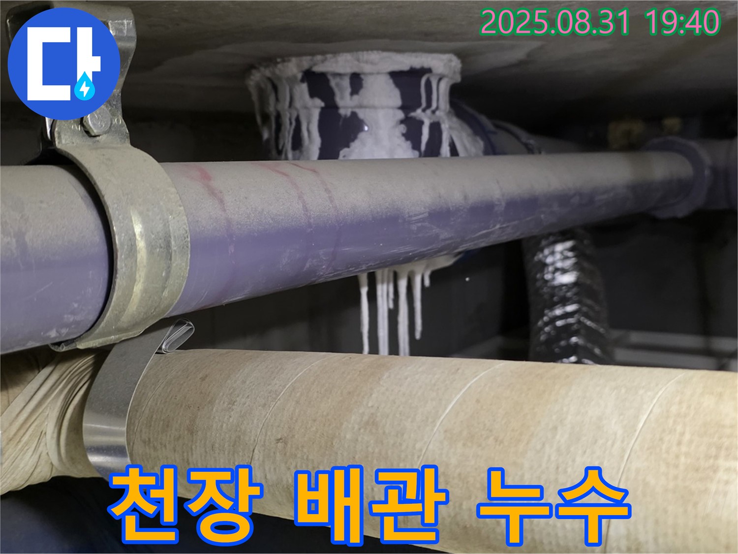 천장 배관에서 누수가 발생하여 고드름처럼 물방울이 맺혀있는 모습 - 긴급 점검이 필요합니다.