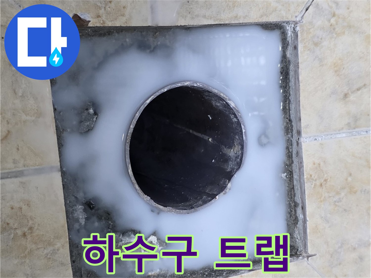 세탁실 하수구 트랩 불량 - 묵동 누수 현장에서 하수구 트랩의 문제점을 확인하고 있습니다.