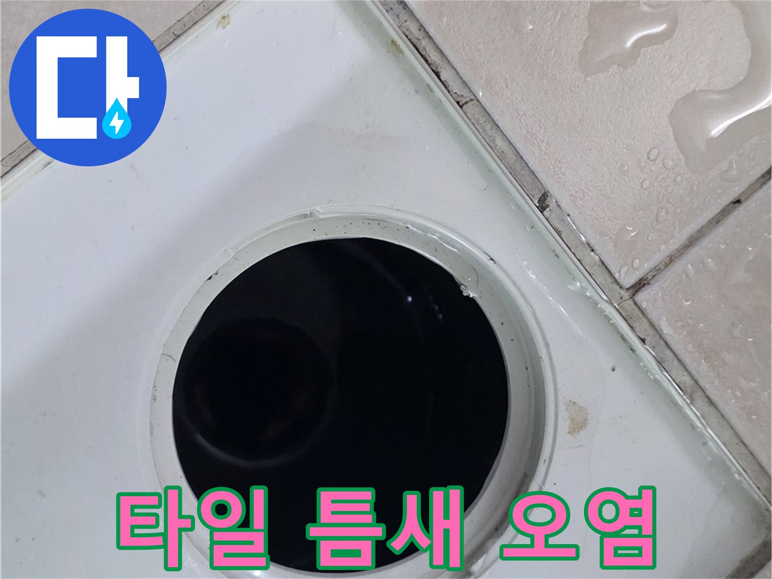 양주 서광아침의빛아파트 욕실 누수 - 배수구 주변 타일 틈새의 오염 상태를 확인합니다.