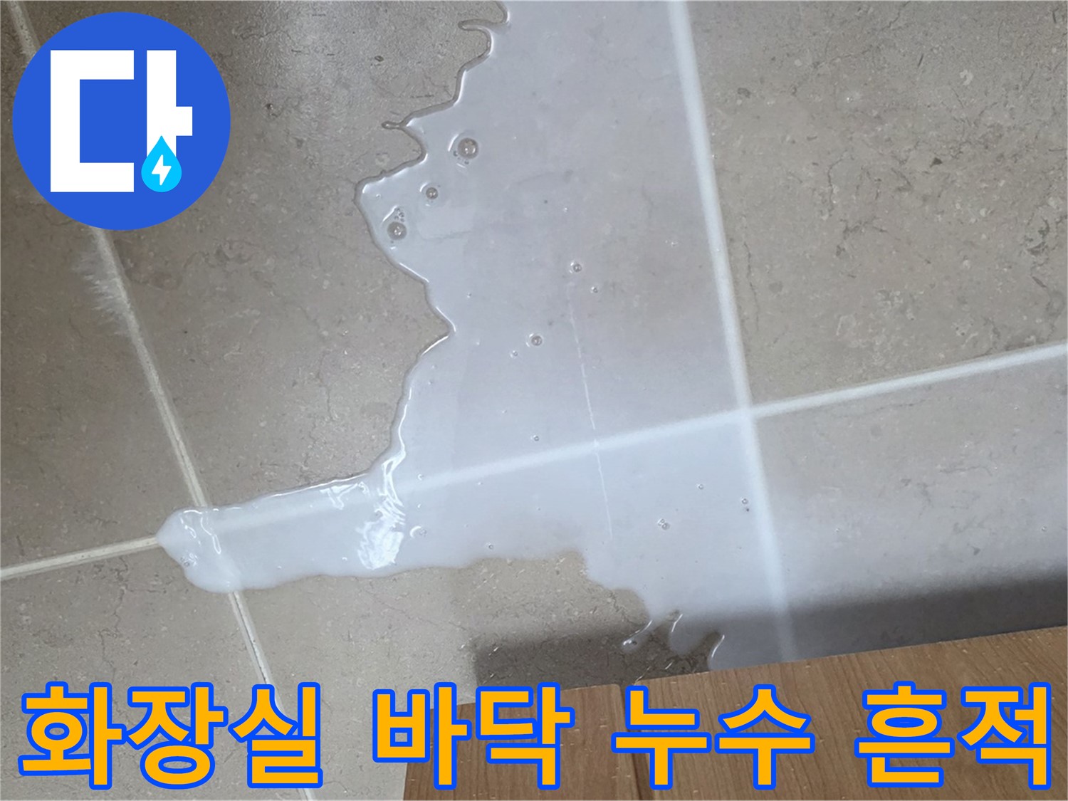 포천 일동 기산베스트빌 아파트 화장실 누수 현장 - 바닥 타일 틈새로 물이 스며나온 흔적을 보여줍니다.