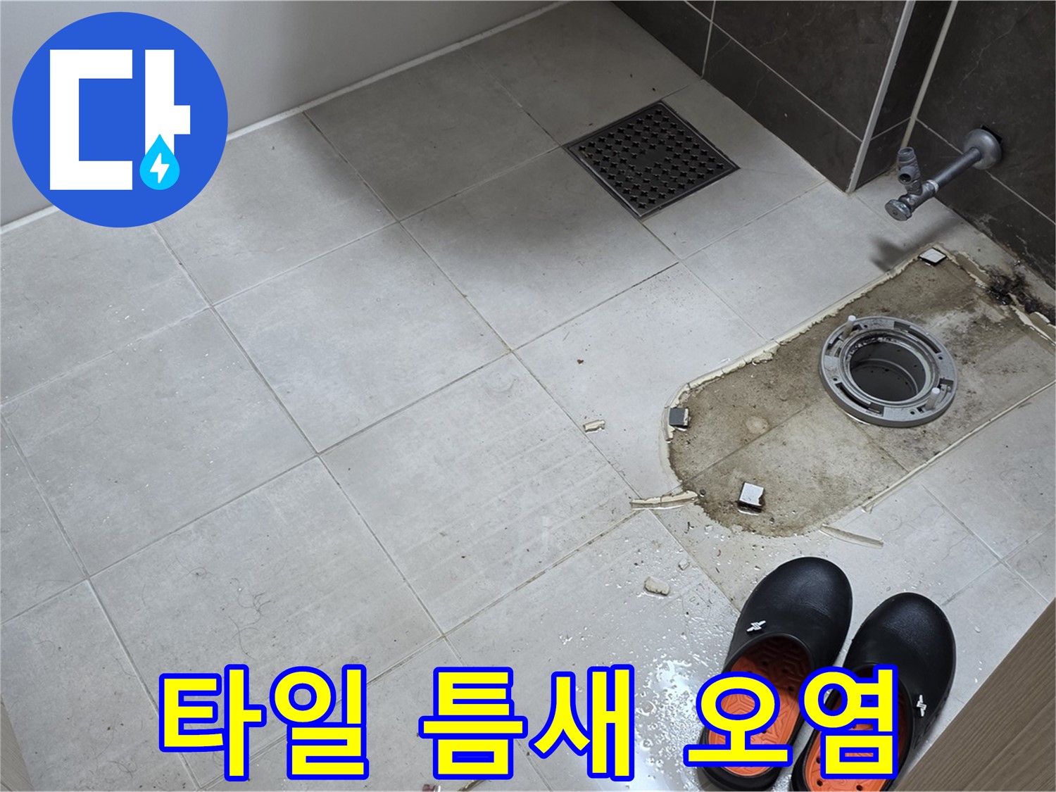 양주 옥정 율정마을 아파트 변기 누수 - 타일 틈새의 오염 상태를 확인합니다.