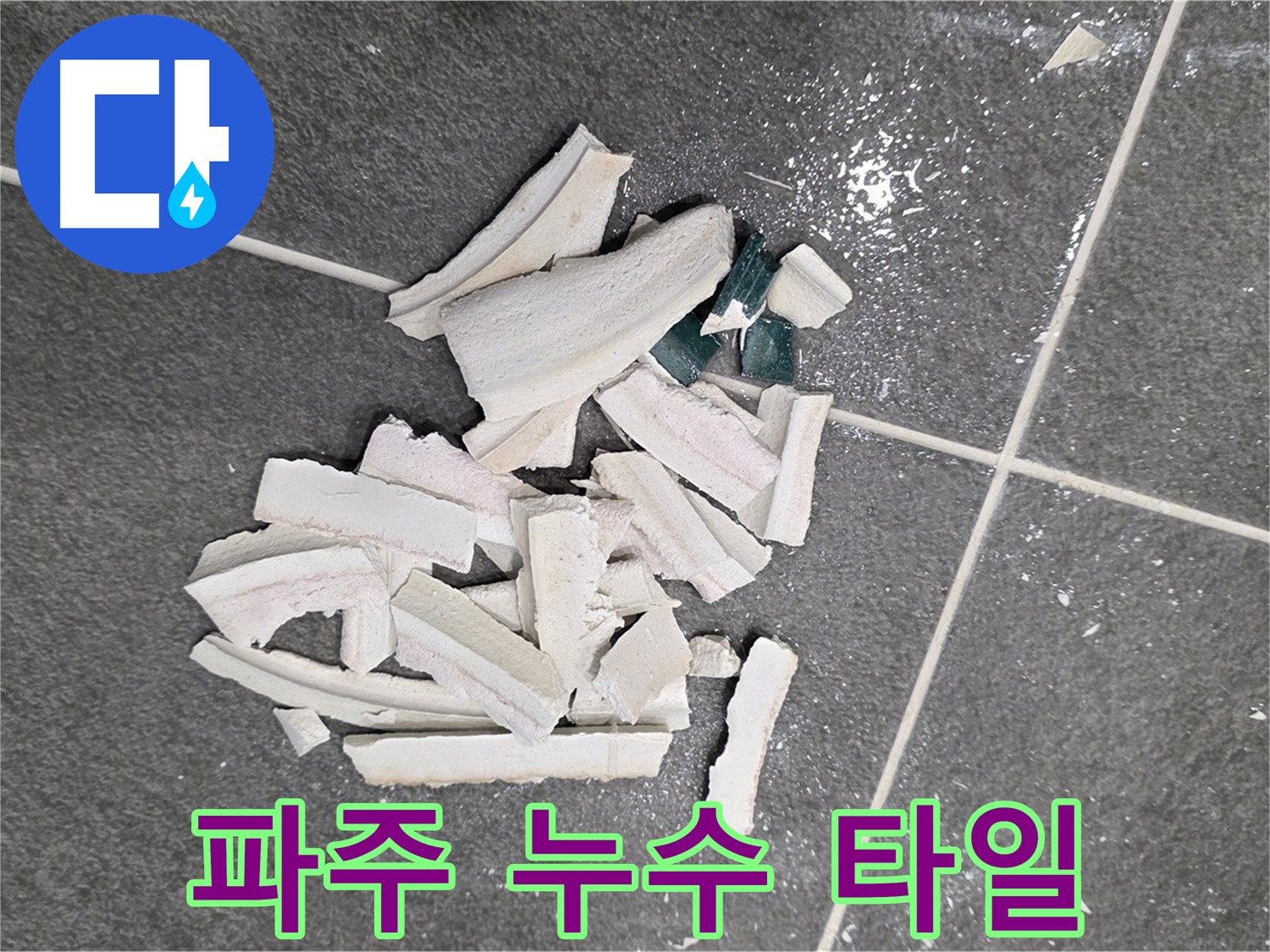 파주 누수 현장 - 깨진 타일 조각 속 숨겨진 누수 지점을 찾아 정밀 탐지하는 모습입니다. 원인부터 확실하게 해결해 드리겠습니다.