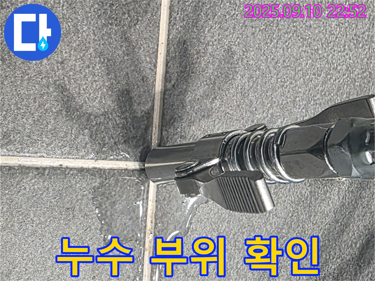 파주시 동패동 아파트 - 누수가 발생한 타일 틈새 부위를 자세히 확인하고 있습니다.