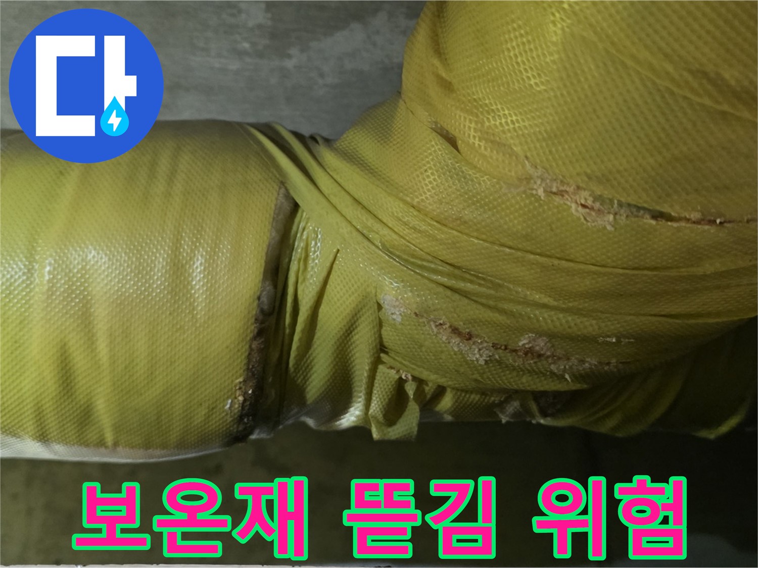 심하게 뜯긴 배관 보온재 - 누수 발생 가능성 급증, 긴급 보수 및 교체가 필요합니다.