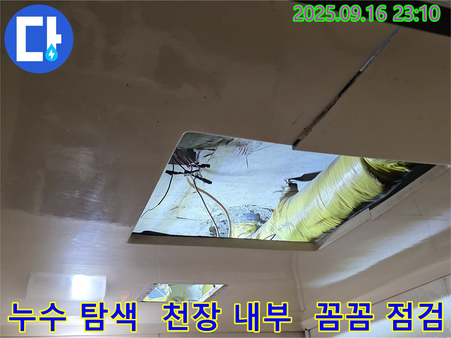 천장 속 누수 지점 탐색 - 천장 속에서 누수 지점을 꼼꼼하게 탐색하고 있습니다.