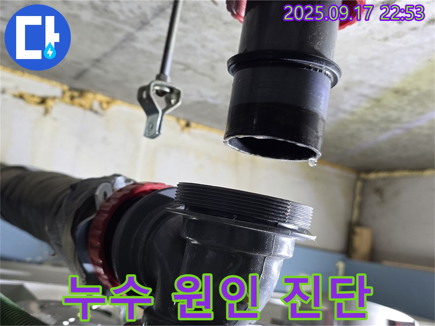 싱크대 하수구 누수 원인 진단 - 누수 원인을 찾기 위해 하수구 연결 부위를 자세히 진단하고 있습니다.