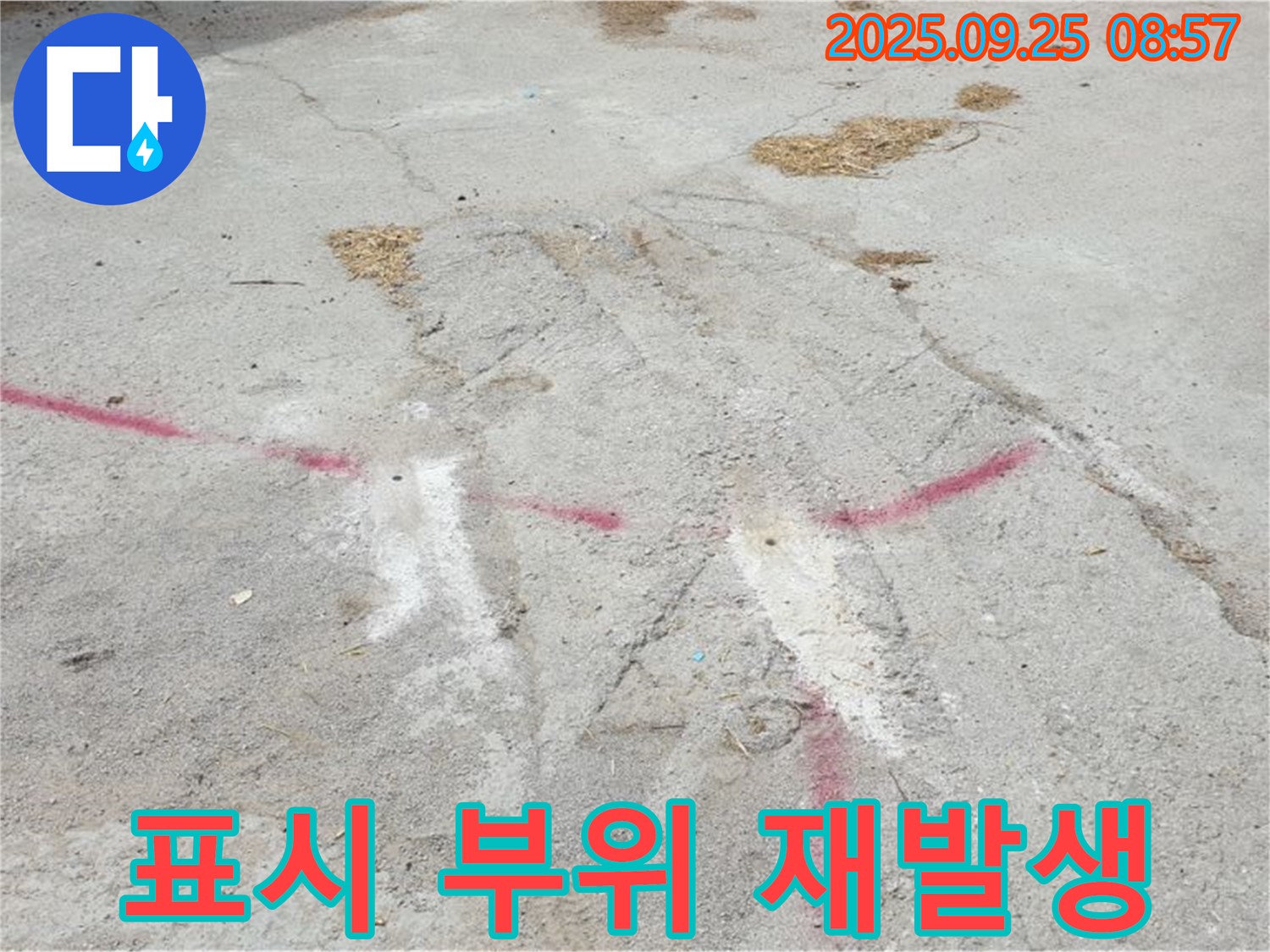 붉은 표시 부위 누수 재발생 확인 - 양주 백석 복지리 누수 점검