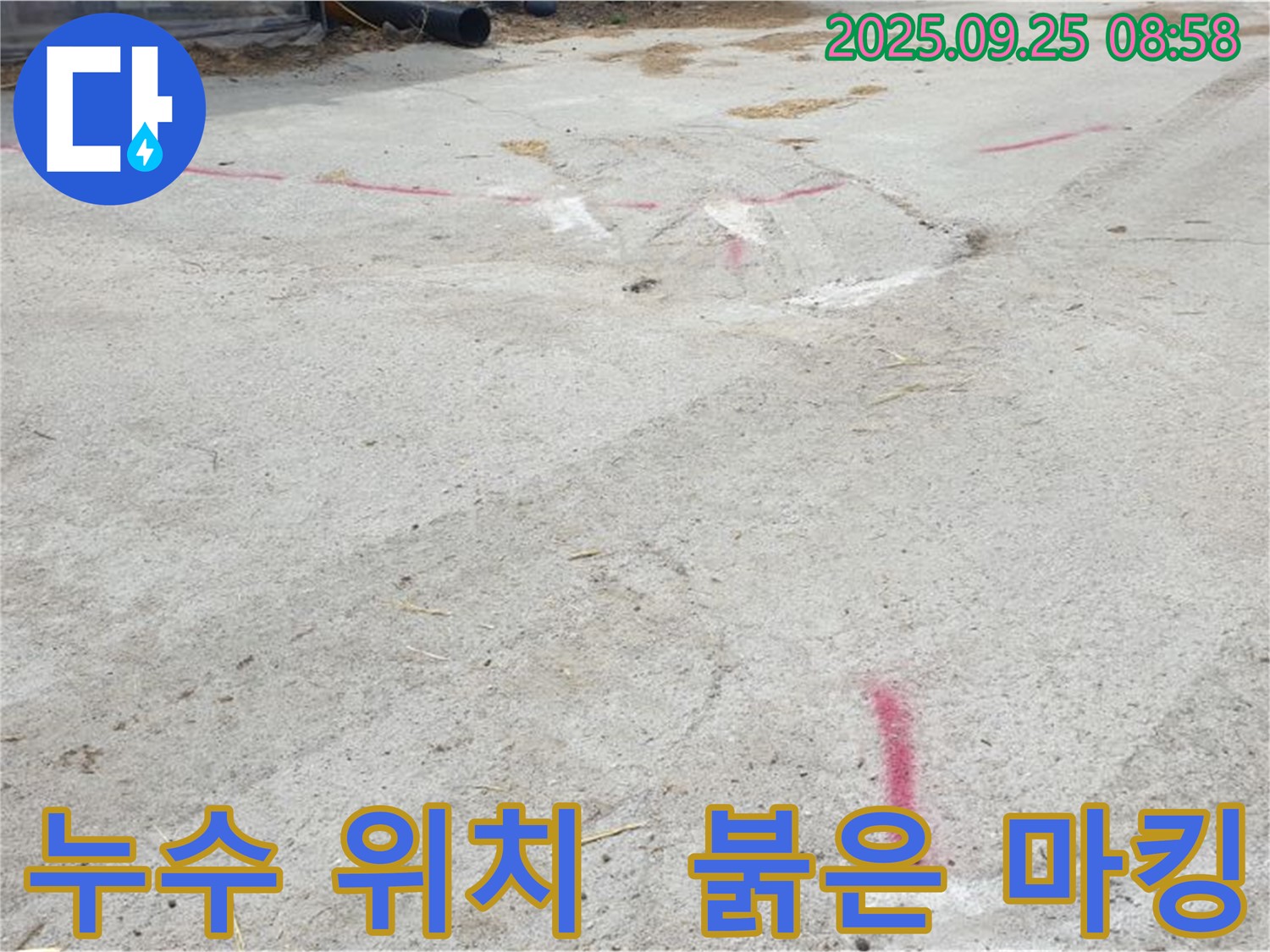 양주시 백석읍 복지리 누수 - 붉은색 마킹으로 표시된 정확한 누수 위치