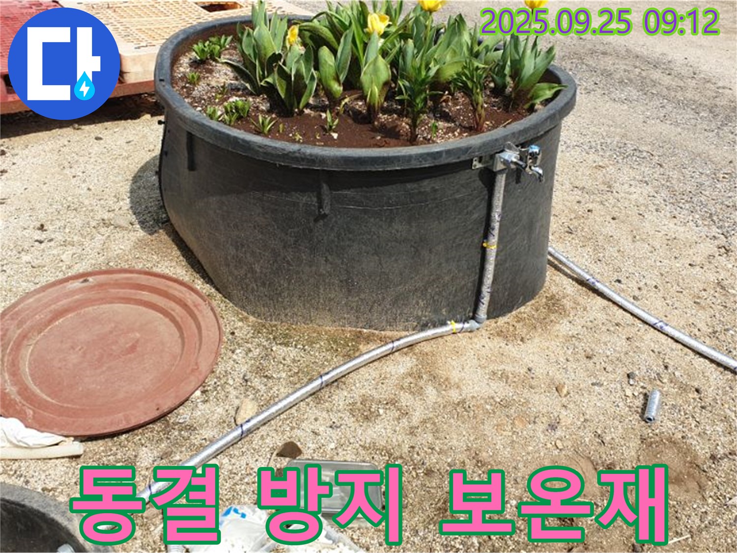 양주시 백석읍 복지리 화단 물탱크 - 겨울철 동결 방지를 위한 미흡한 조치로 인한 급수 배관 연결 부위 누수를 보온재 추가 시공으로 해결하는 모습입니다.