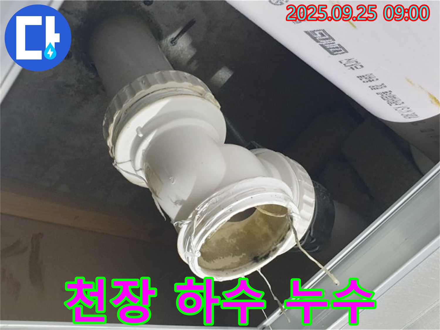 양주시 백석읍 오산리 - 천장 하수 배관 연결 부위에서 누수가 발생하고 있습니다 - 빠른 조치가 필요합니다.