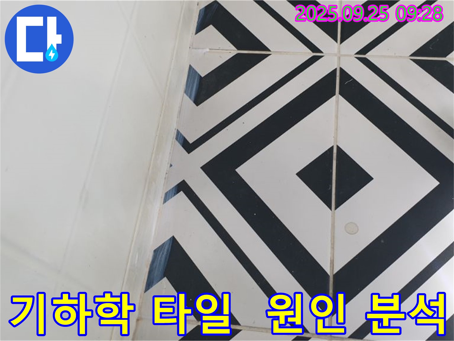 양주시 백석읍 오산리에서 기하학적 타일 시공으로 인한 누수 원인을 분석하는 모습입니다 - 타일 자체의 문제인지 시공상의 문제인지 꼼꼼하게 살펴봅니다.