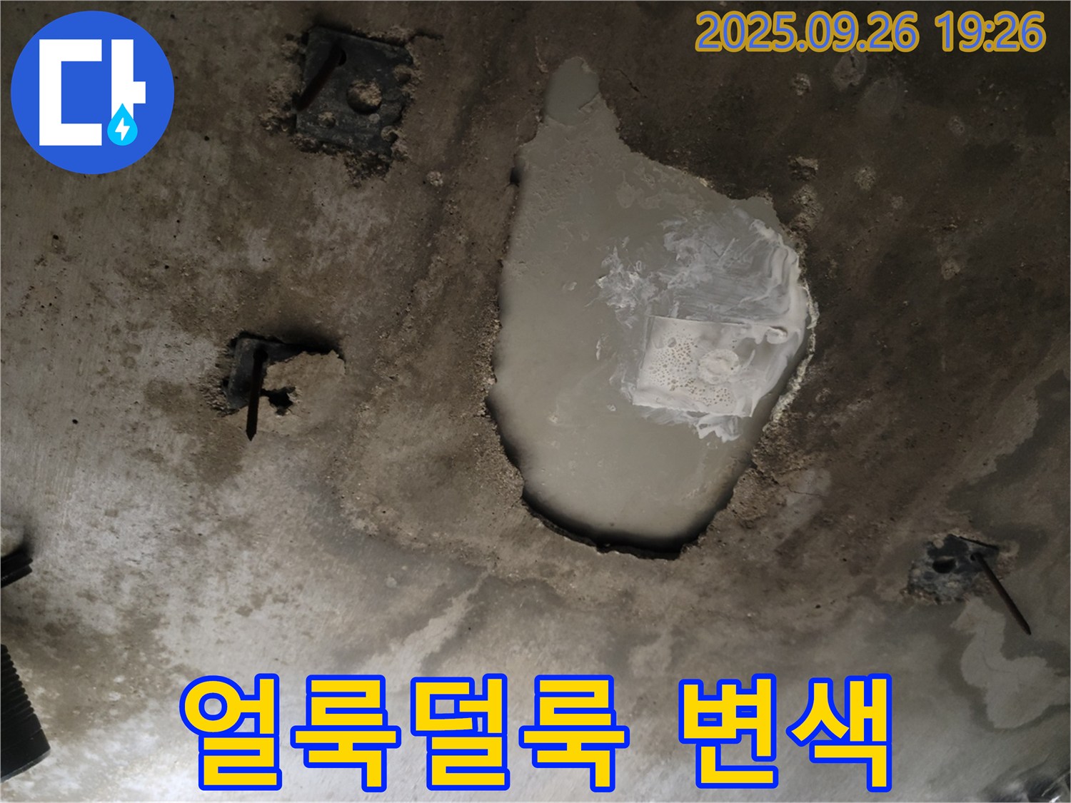 동두천 동두천동 누수 현장 - 콘크리트 천장의 얼룩덜룩한 변색 - 곰팡이 발생 가능성