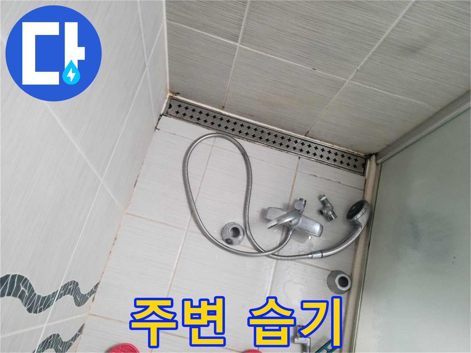 샤워기 수전 연결 부위 주변 습기 - 누수 가능성