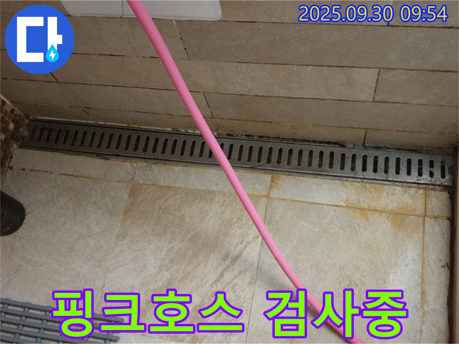 샤워실 트렌치 누수 - 핑크 호스를 사용하여 꼼꼼하게 누수 검사를 진행하고 있습니다.