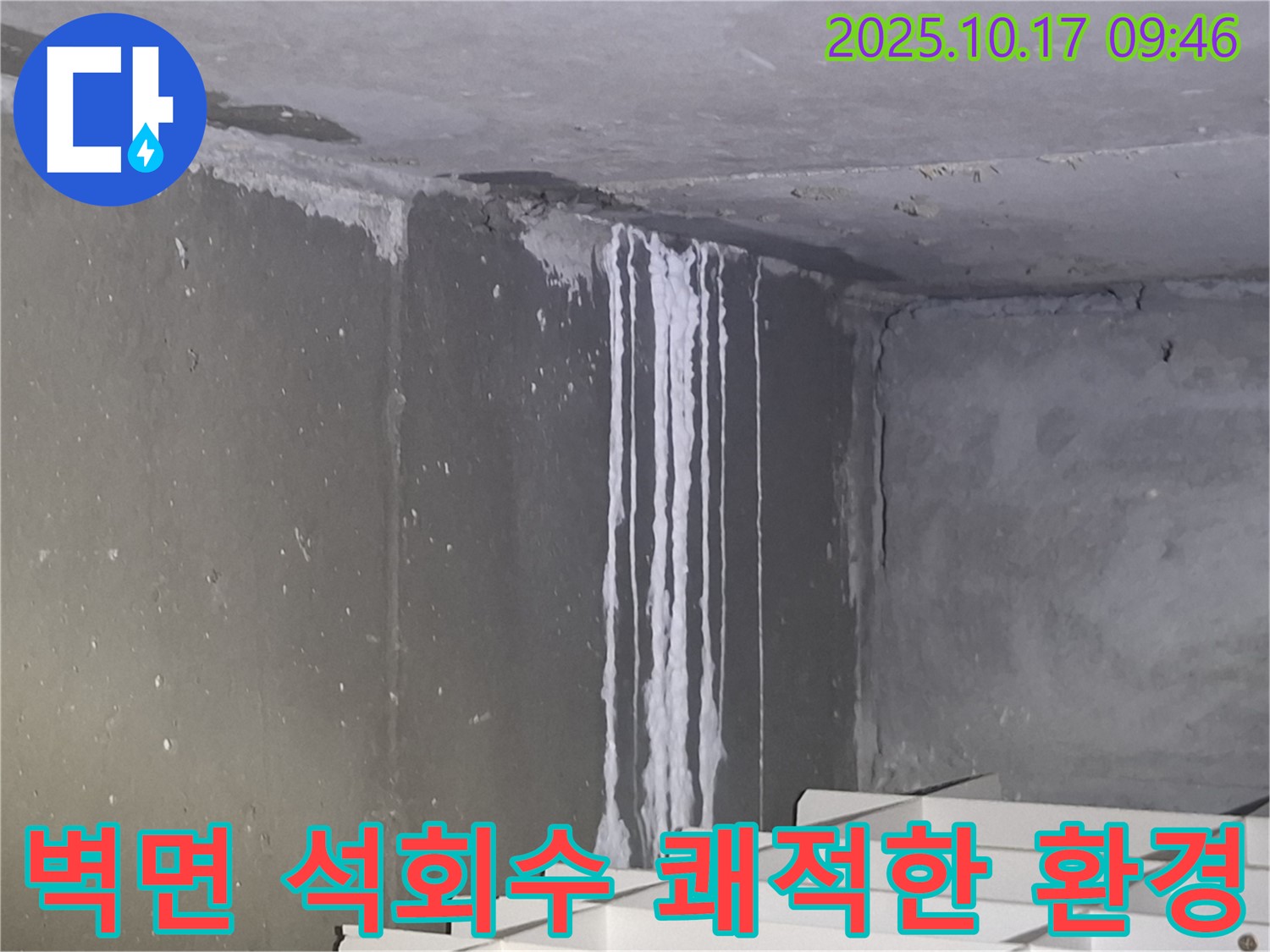 성남시 분당구 삼평동 봇들마을2단지 아파트 계단실 벽면 - 석회수 누수 해결 후 쾌적한 환경으로 변화된 모습입니다.