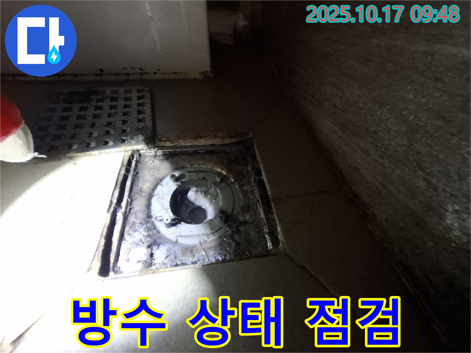 판교 삼평동 봇들마을 - 욕실 배수구 주변 방수 상태를 꼼꼼하게 점검하고 누수 가능성을 평가하고 있습니다.