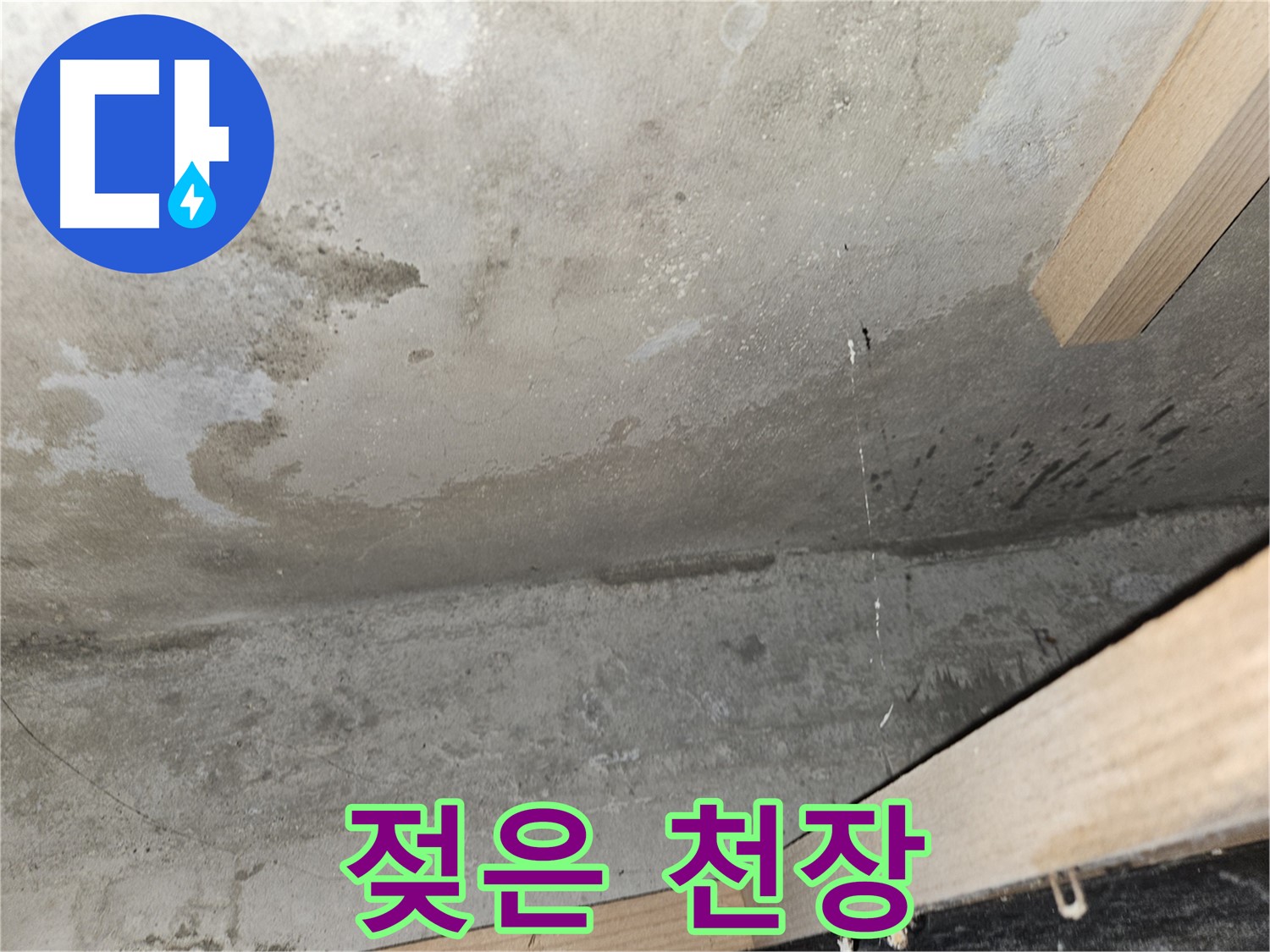 젖은 천장 - 콘크리트 천장이 젖어 누수가 진행 중인 모습