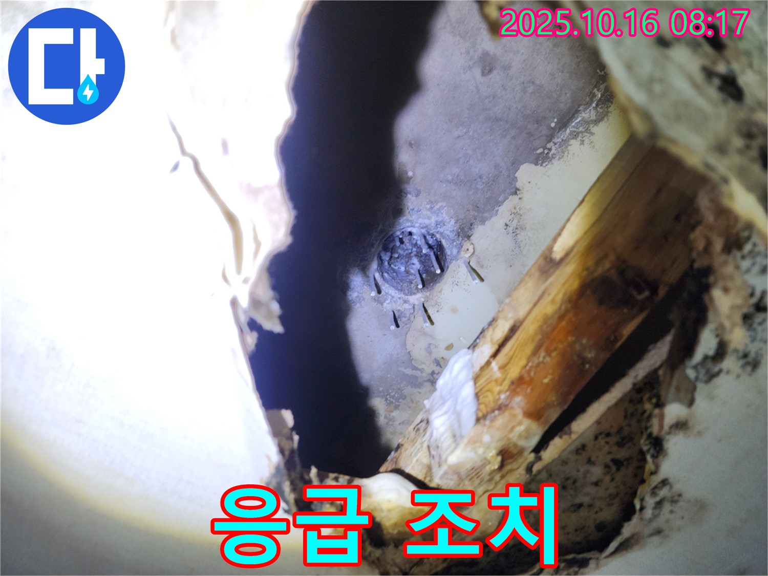 양주시 남면 천장 누수 - 못 구멍을 통해 누수가 되는 곳에 응급 조치를 취하고 있습니다.
