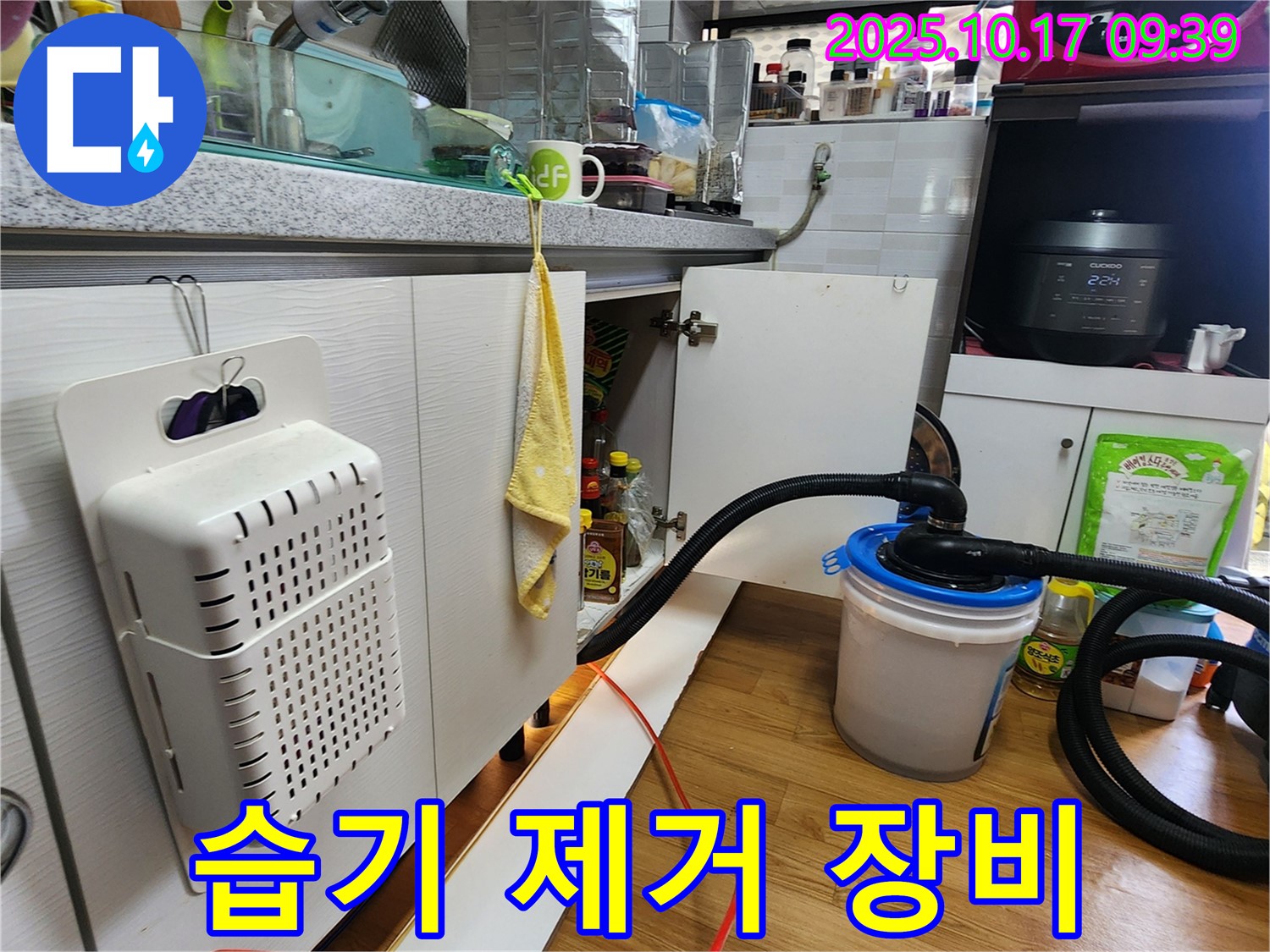 양주시 남면 한산리 주택 싱크대 하부 습기 제거 - 전문 장비를 사용하여 꼼꼼하게 습기를 제거하는 모습입니다.