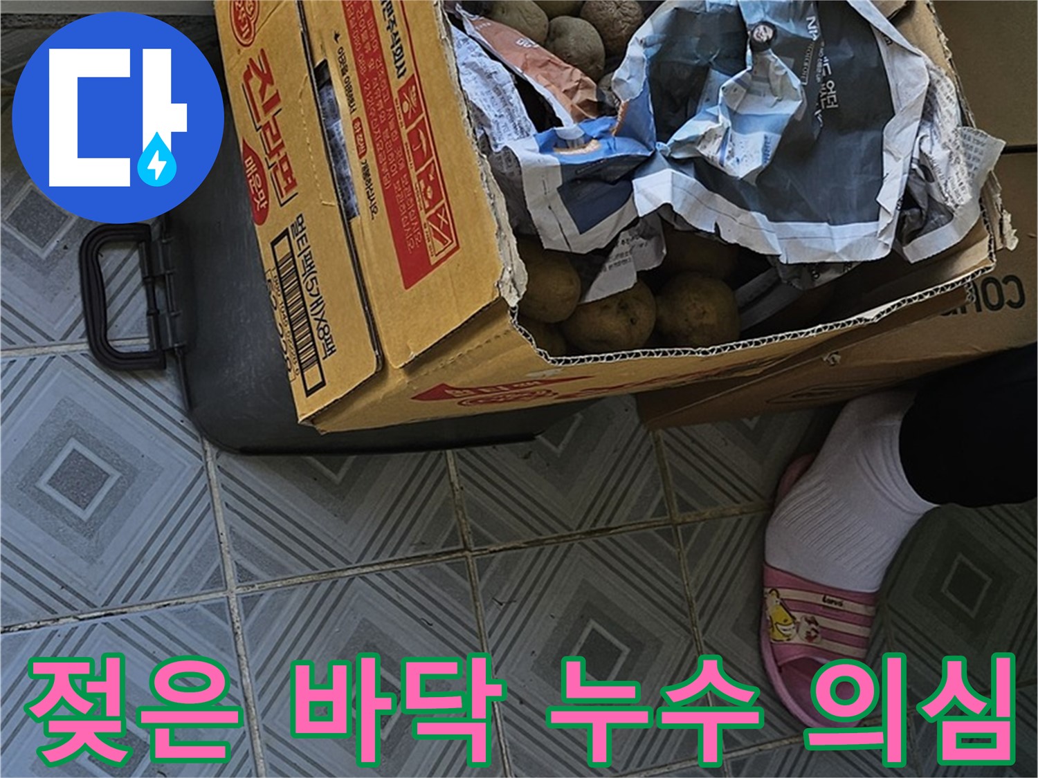 양천구 누수 현장, 감자 박스 주변 젖은 바닥 - 누수 발생 원인을 파악하기 위해 정밀 검사를 실시하고 있습니다.