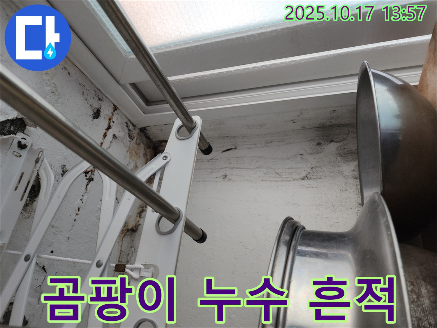 벽의 곰팡이와 누수 자국 - 곰팡이와 함께 누수 흔적을 보여주는 사진입니다. 누수 문제 해결의 시급함을 나타냅니다.