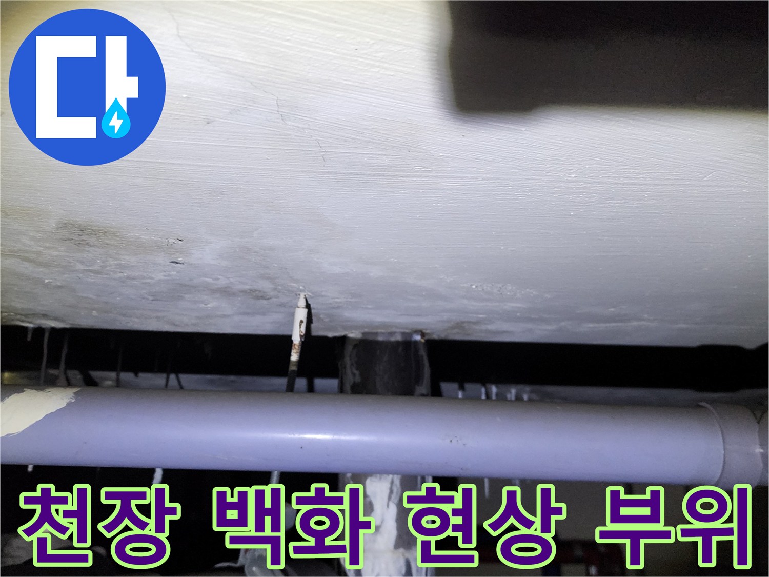 배관 주변에 형성된 석회 고드름과 천장 누수 흔적