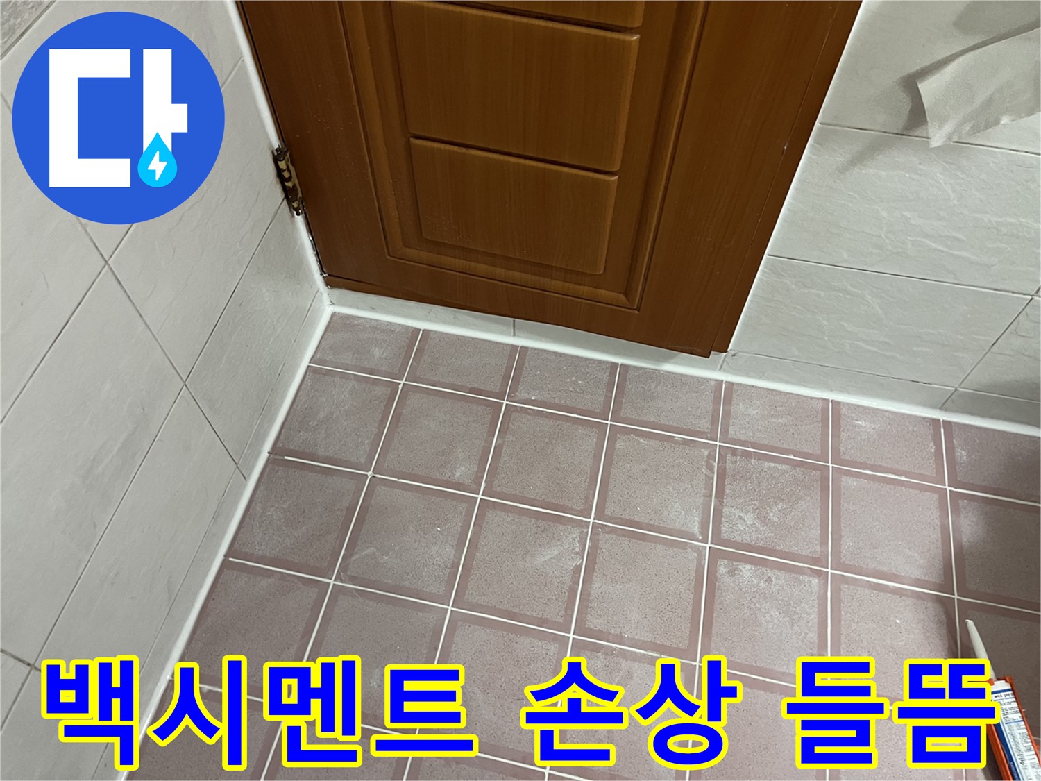 독산동 형제맨션빌 욕실 - 문턱 주변 타일 틈새 백시멘트의 광범위한 손상과 들뜸 상태 확인