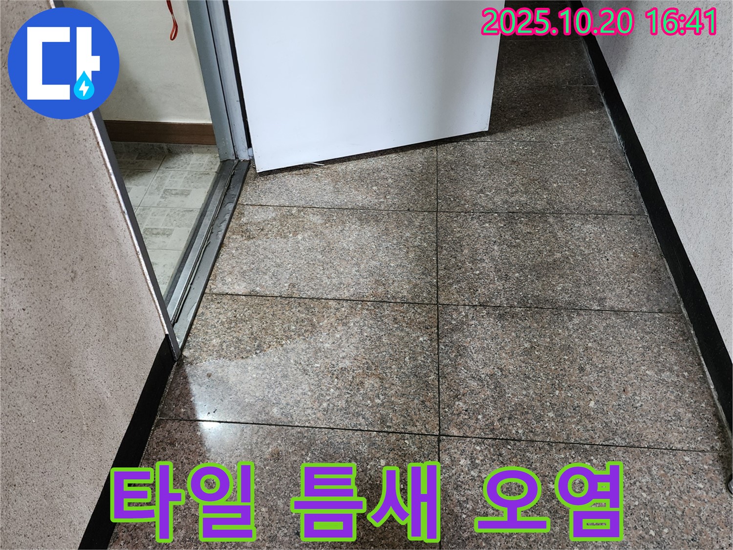 타일 틈새가 오염된 사진 - 양주시 장흥면 부곡리 누수 현장입니다.