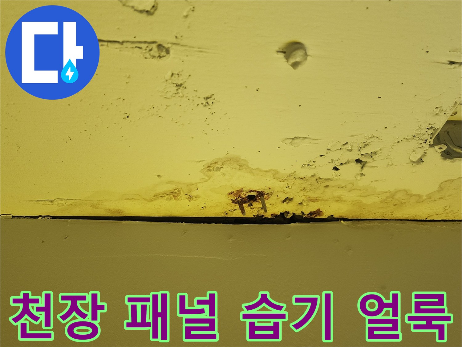 습기가 스며든 천장재-물샘으로 인해 변색된 마감재의 상태