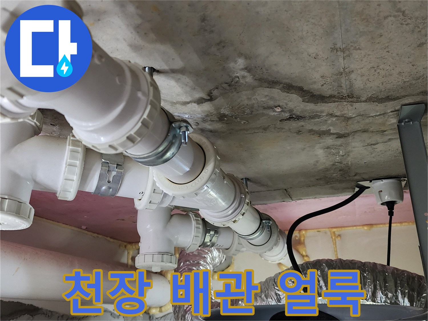 양주 봉암리 현장의 - 콘크리트 슬라브에 나타난 누수 흔적과 배관 상태