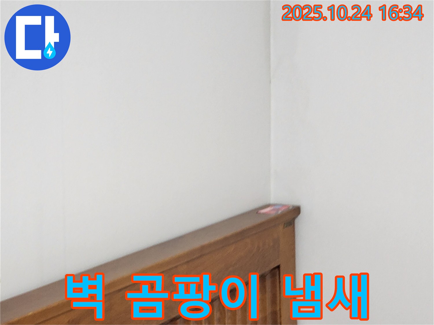 양주1동 봉우로 누수 현장 - 침대 헤드 옆 벽에 곰팡이 냄새가 진동한다면 누수 긴급 확인이 필요하다는 누수 전문가의 강조