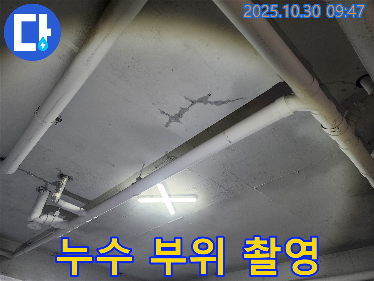 파주시 - 건물 천장 누수, 누수 부위를 확대 촬영하여 기록하고 있습니다. 누수 상태를 정확하게 파악하기 위한 중요한 과정입니다.