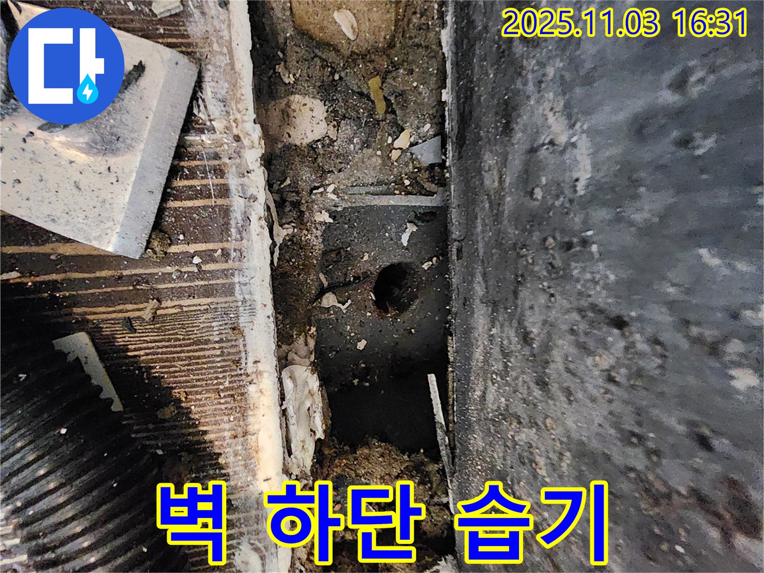 양주시 삼숭동 봉우마을 누수 현장 - 벽 하단 습기 상태를 확인하고 누수 원인을 분석하고 있습니다.