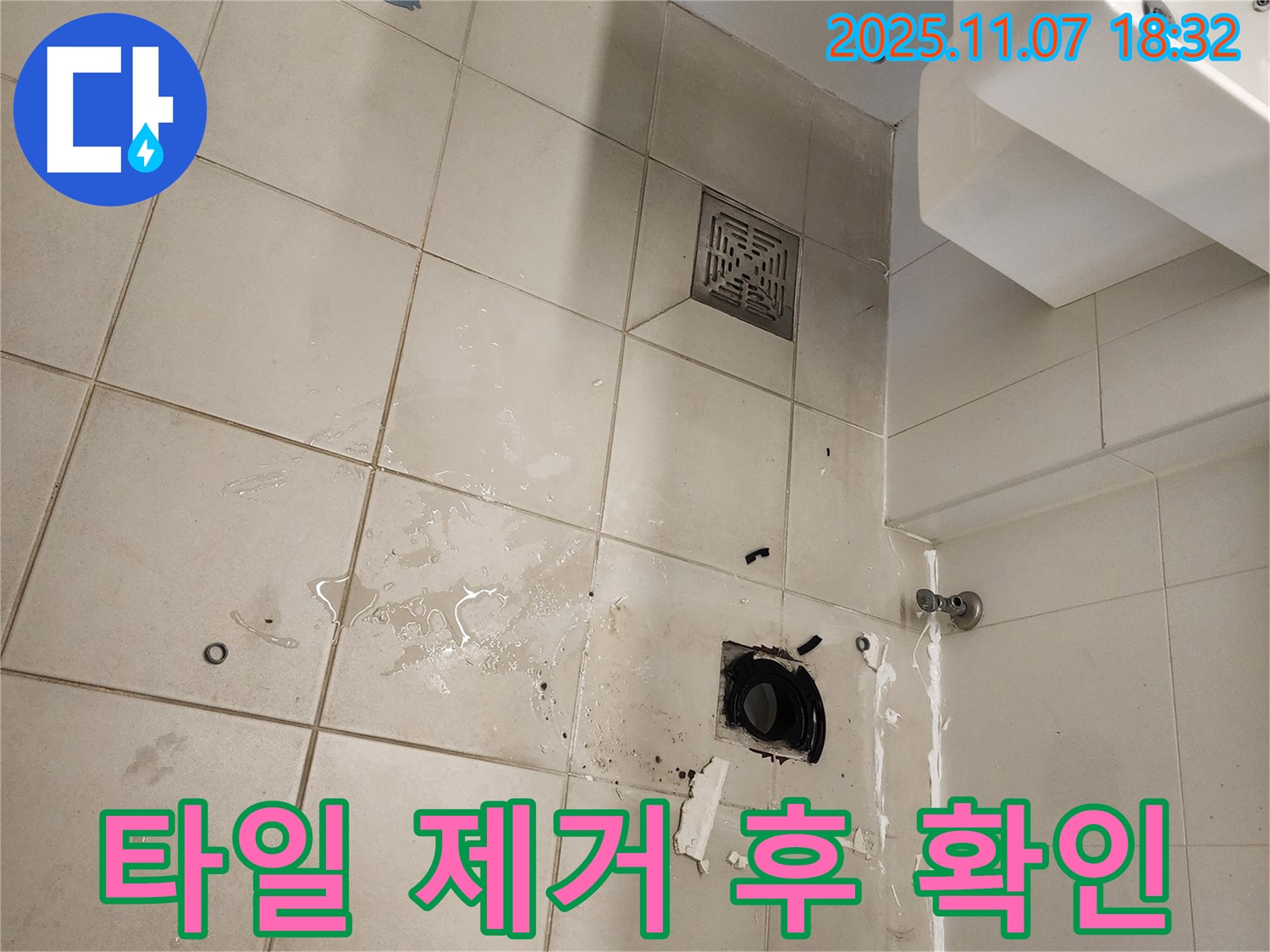김포 사우동 아파트 욕실 누수 - 하수구 주변 타일 제거 후 누수 상태를 확인하고 있습니다.