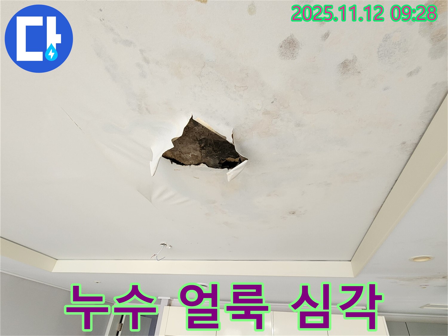 누수 얼룩 심각 - 석고보드 천장에 물이 스며들어 생긴 누수 얼룩이 심각한 상태를 보여주는 사진입니다.