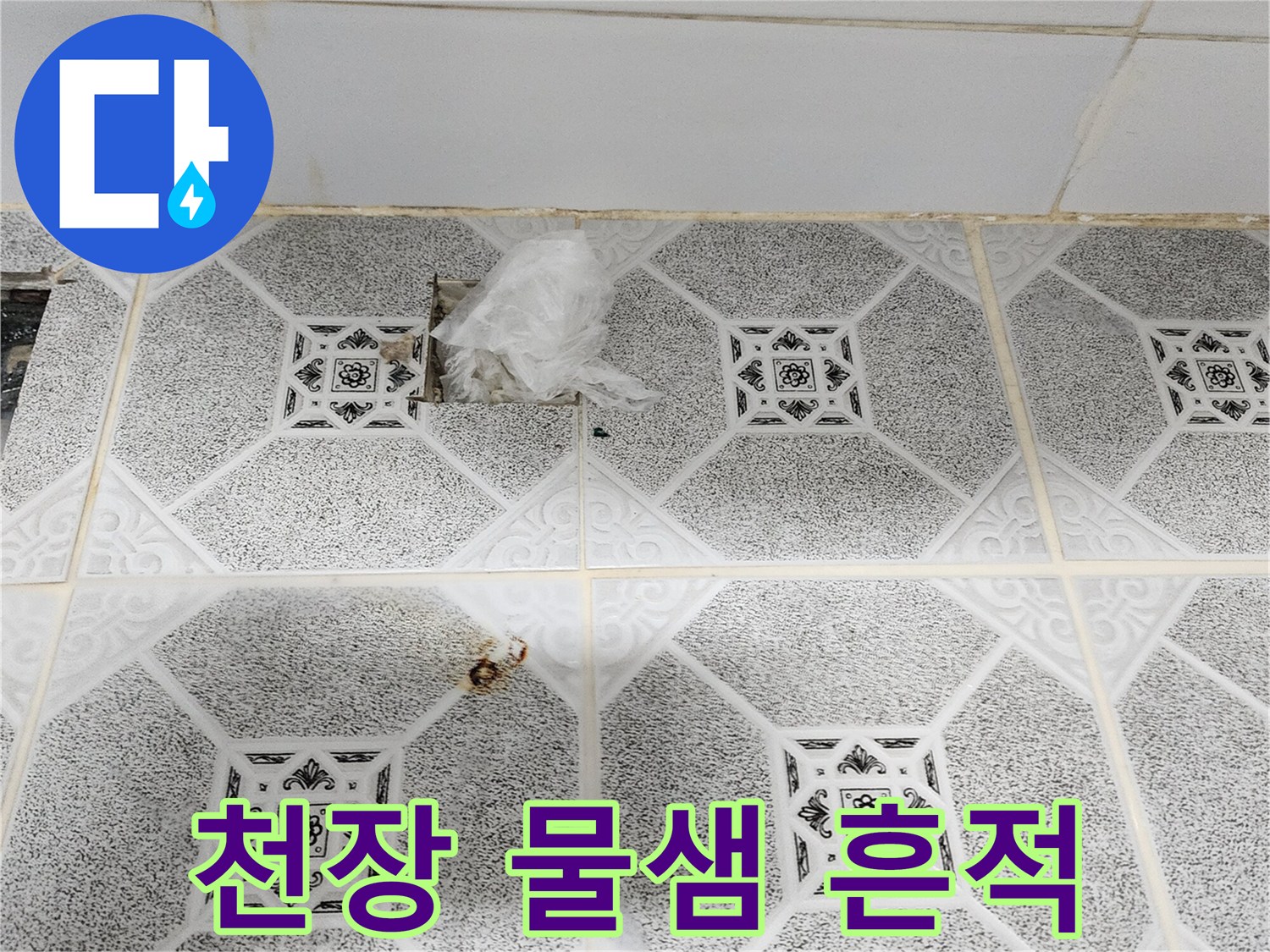 천장재에 나타난 검은 곰팡이와 물자국 사진