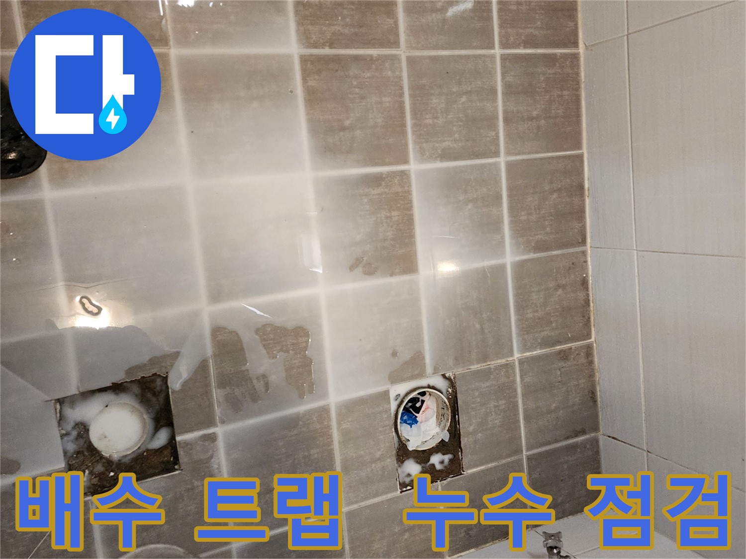 타일 제거 후 배수 트랩 주변을 집중적으로 점검하는 모습 - 배수 트랩의 문제 여부를 확인합니다.