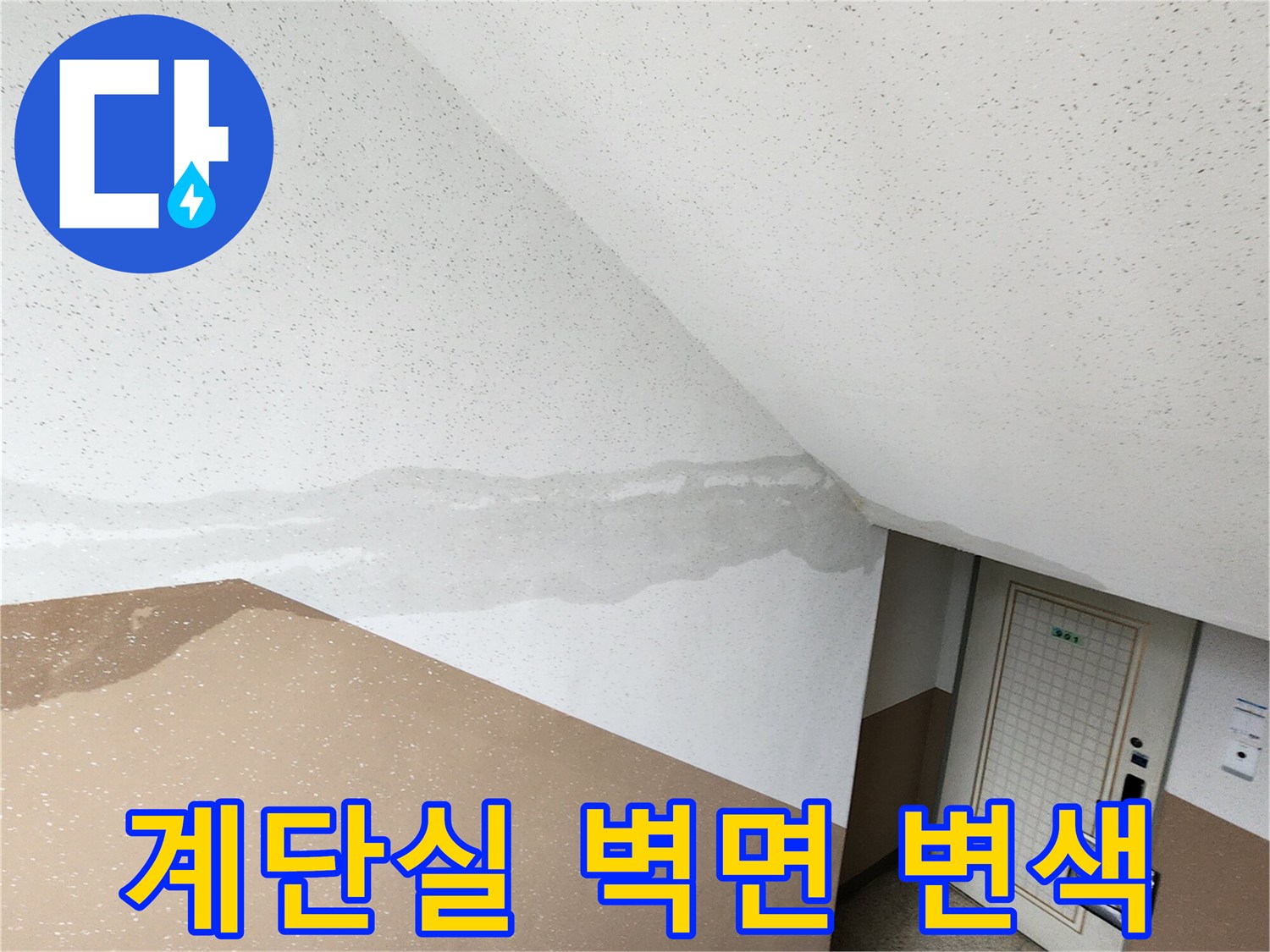 포천 내촌면 계단실 벽면에 나타난 물샘 흔적과 변색된 벽지 상태
