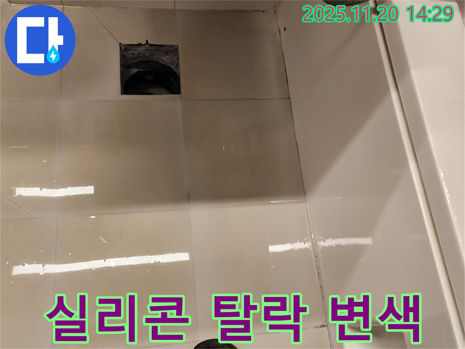 가산면 마산리 욕실 배수구 누수 - 실리콘 탈락 및 변색으로 인한 누수 위험 점검