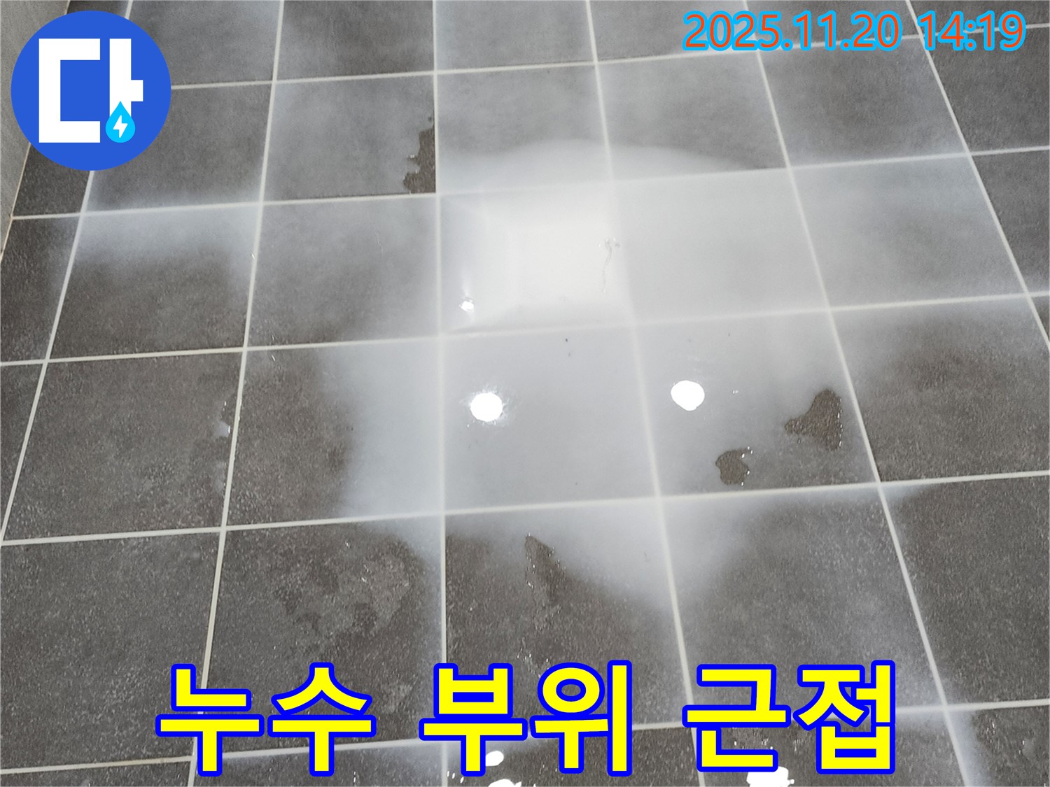 누수 발생 부위를 클로즈업 - 문제의 핵심을 보여줍니다.