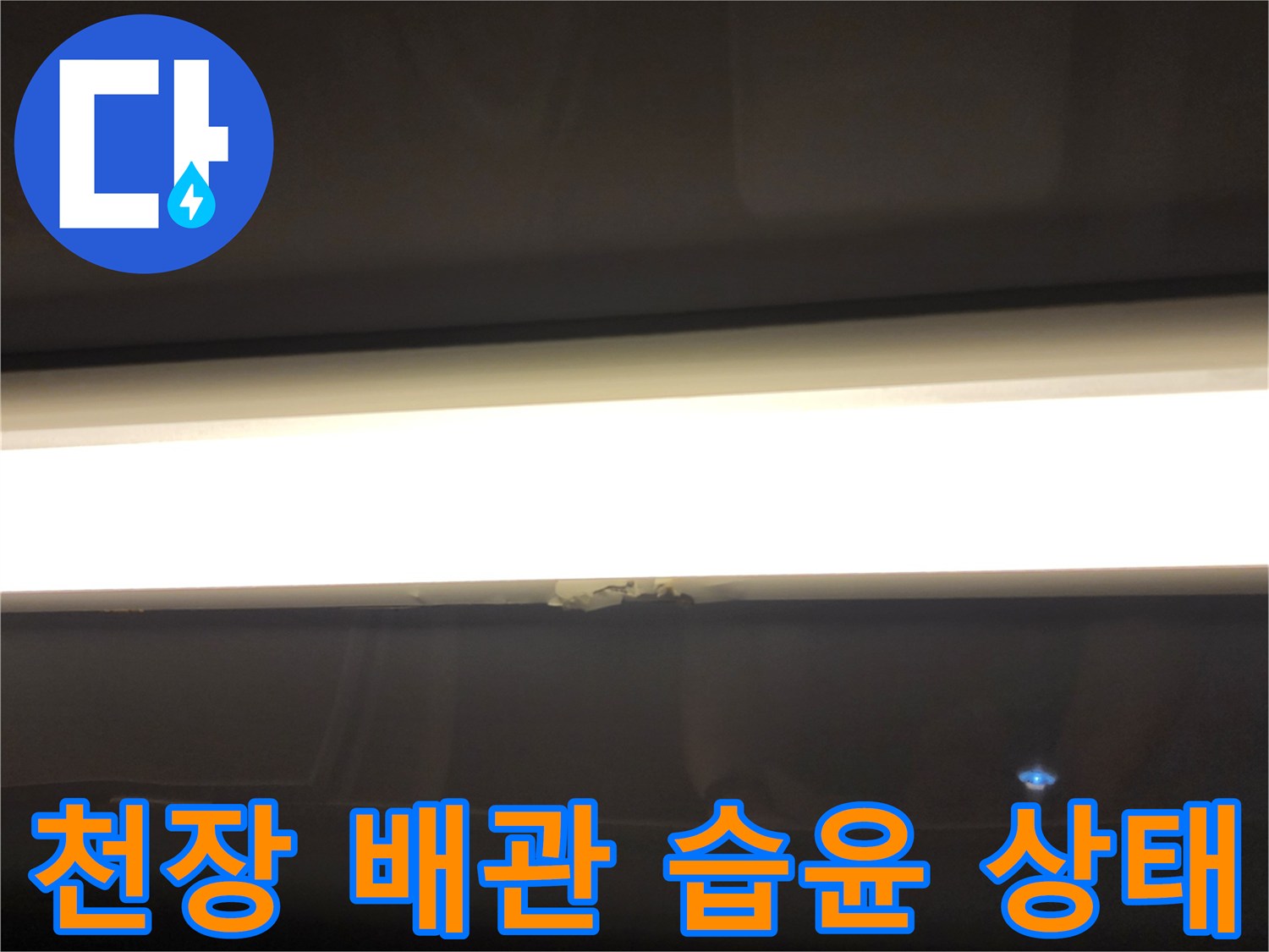 조명 하단 배관 주변의 수분 침투 흔적 - 누수 지점 파악을 위한 검사